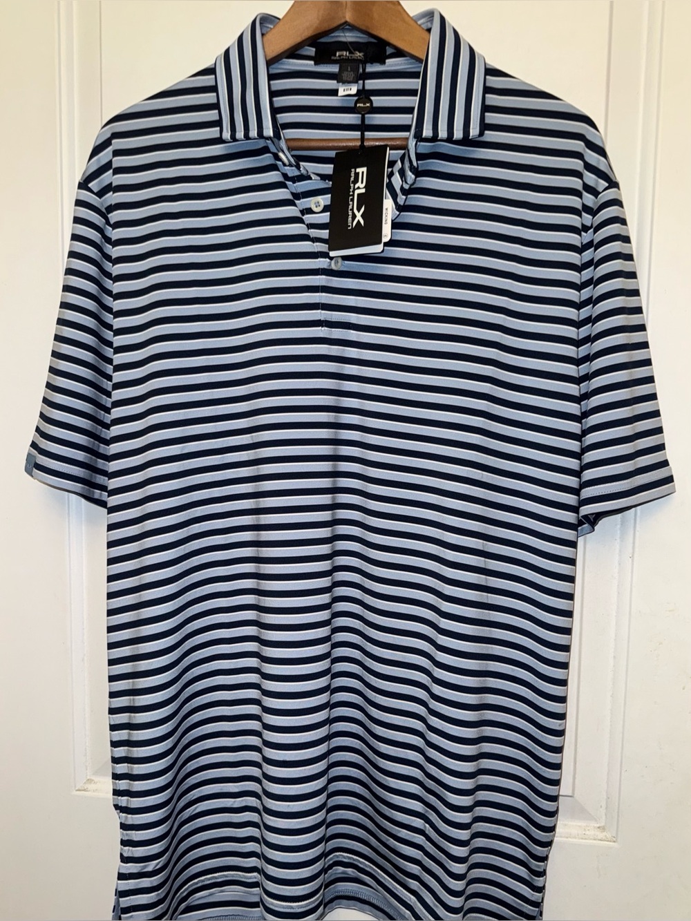 NWT RLX Ralph Lauren Golf Concept 1 Performance Polo in Navy/Light Blue Stripes